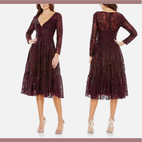 NWT $498 Mac Duggal [ 16 ] Lace Embellished Long‎ Sleeve Ruffle Dress Wine Red - Picture 2 of 15